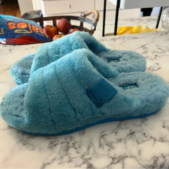 UGG FLUFF YOU Men’s Slipper Sandals 9 Blue Sheepskin Fur - Picture 8 of 14